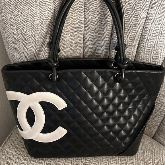 CHANEL Handbags - Chanel Black Calfskin Cambon Big White CC Shoulder Bag.